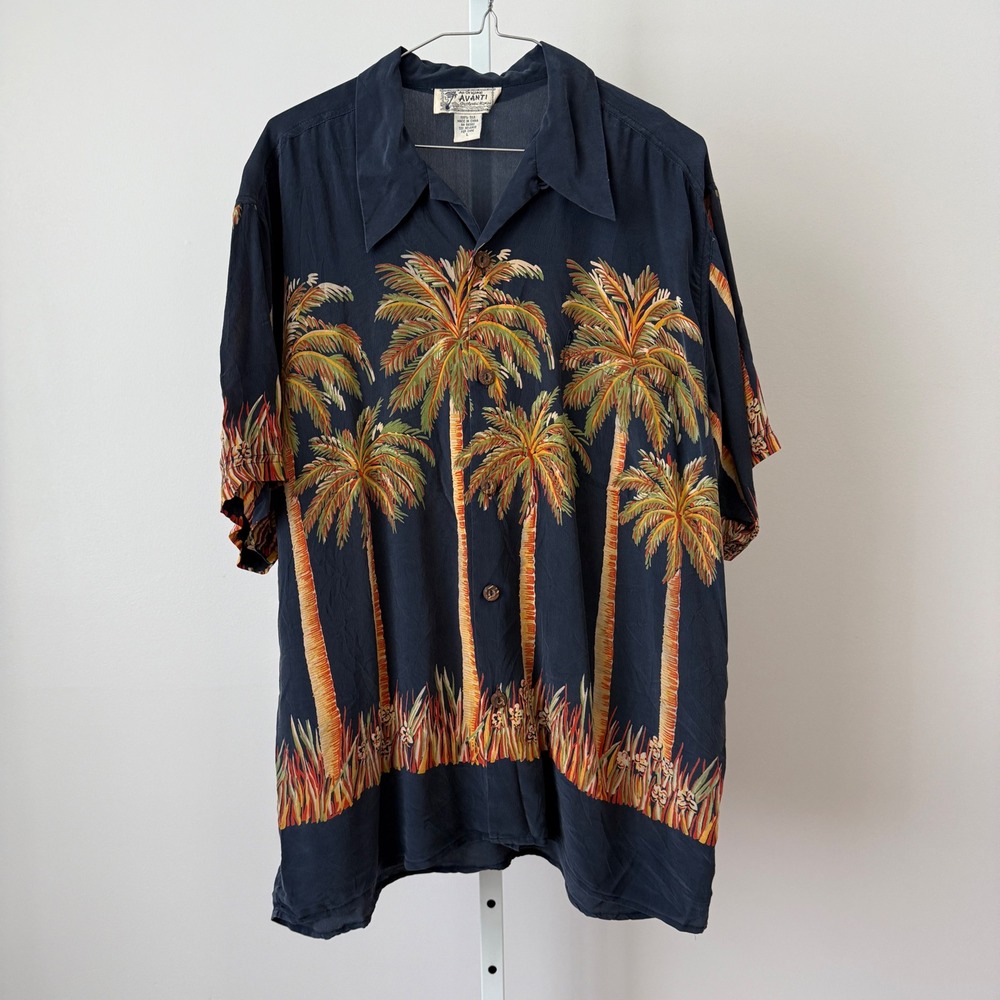 VTG An Original Avanti sz L Black 100% Silk Palm Tree Hawaiian Aloha Shirt